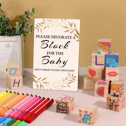 Baby Shower Games Sign Kit with 50 Blank Wooden Baby Blocks, 24 Acrylic Paint Marker and Wooden Sign, Blocks for Baby Shower, Gender Reveals Party(Green)