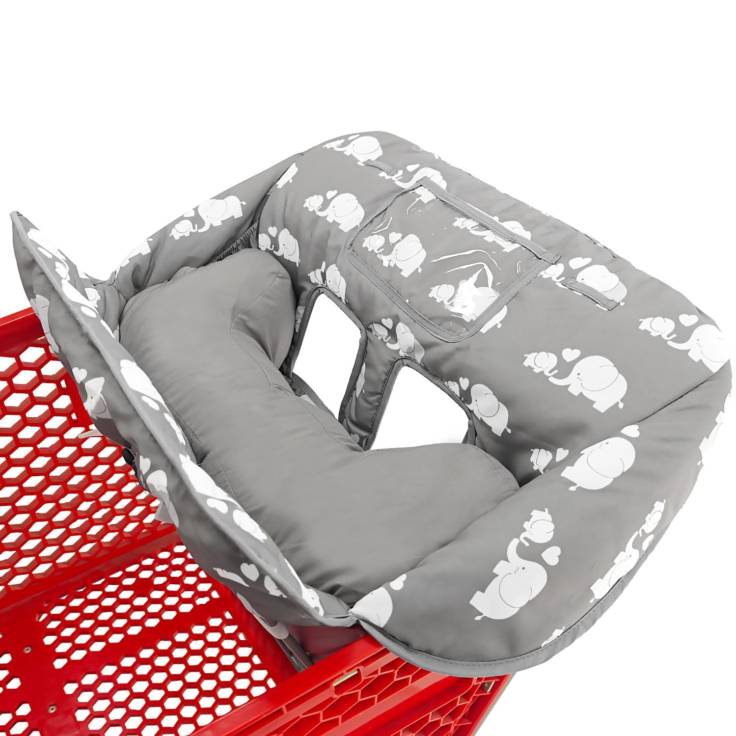 Soft Pillow Attached 2-in-1 Shopping Cart and High Chair Cover for Baby, Cotton Padded Cart Cover, Fold'n Roll Style, Portable with Carry Bag (Blue Elephant)