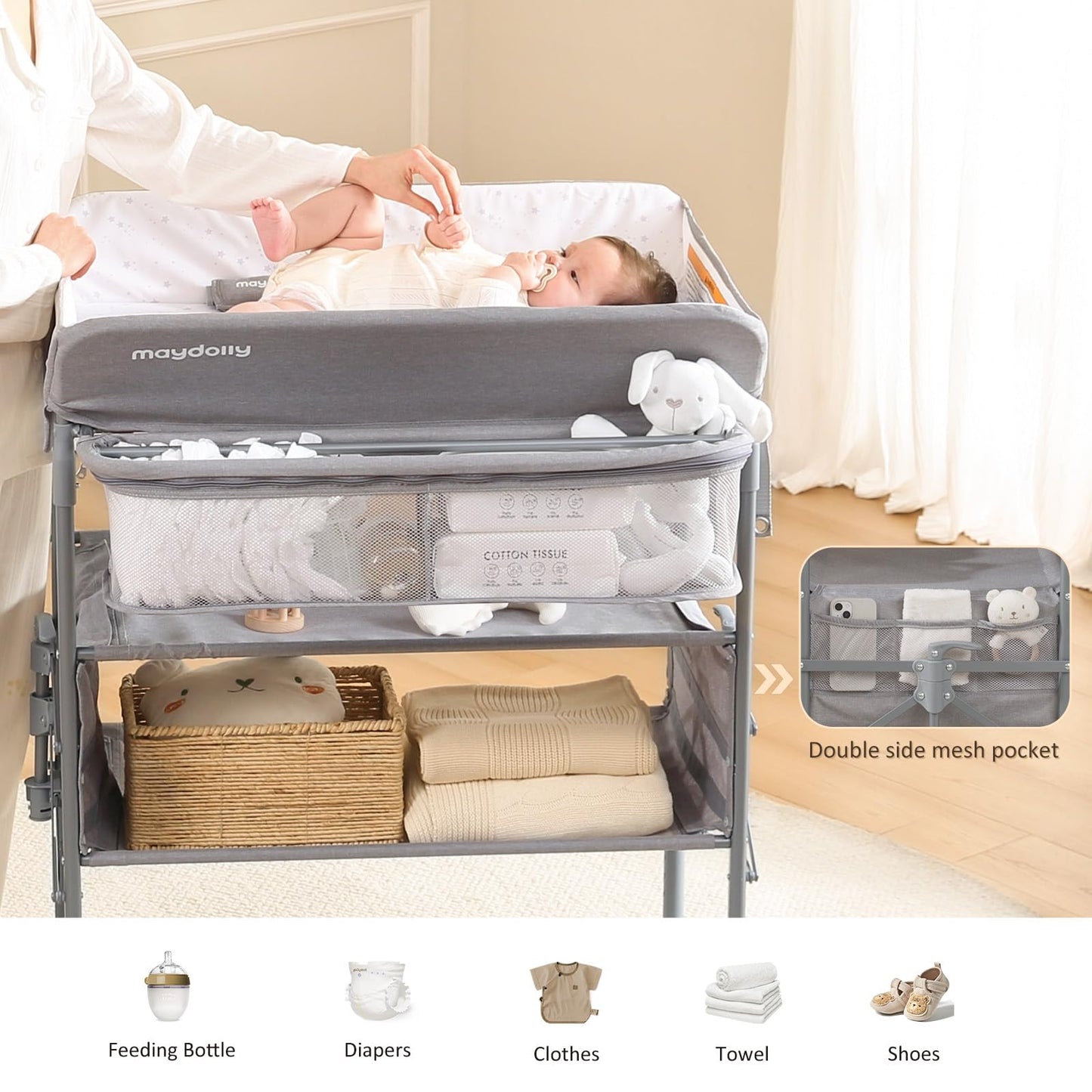 Baby Changing Table with Wheels, Maydolly Portable Foldable Changing Table, Waterproof Diaper Changing Station, Adjustable Height Changing Station, Mobile Nursery for Newborn and Infant (Grey)