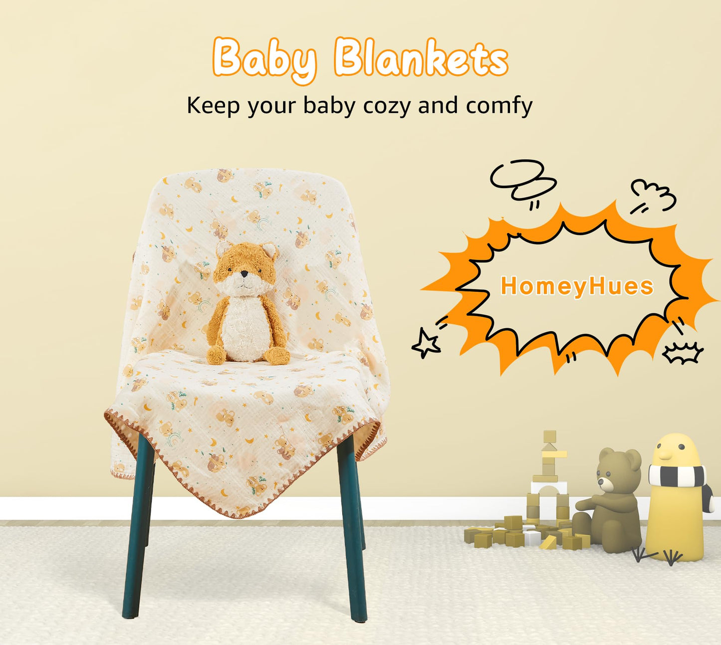 Baby Blanket Double Layer Cotton 40 x 40 Soft Receiving Blanket with Pattern Machine Washable Brown Bear