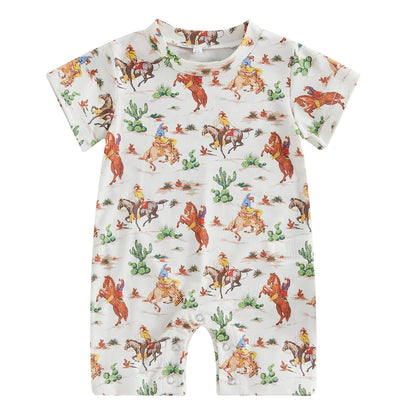 Gueuusu Country Baby Clothes Boy Girl Western Cow Print Short Sleeve Romper Bodysuit Ribbed One Piece Jumpsuit Summer Outfit