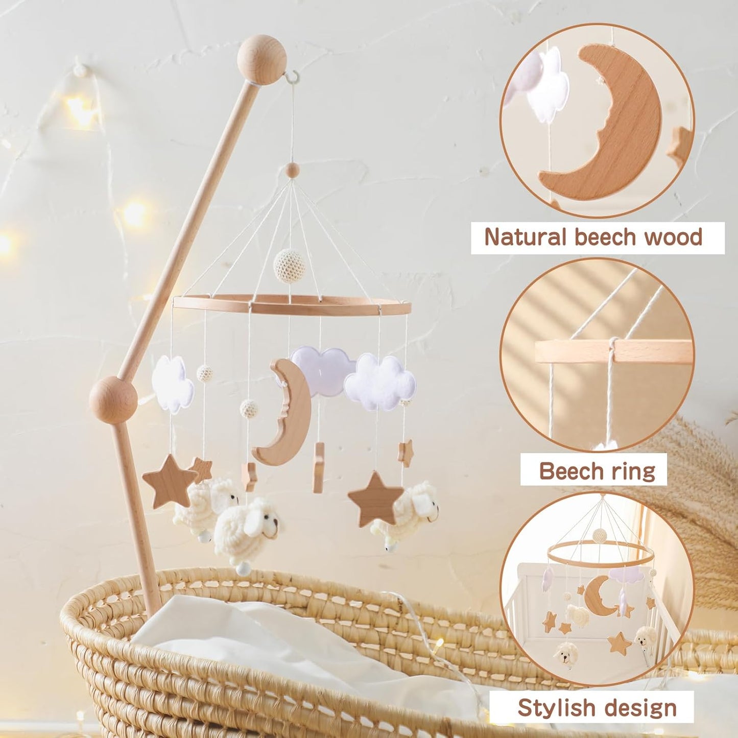 Wooden Crib Mobile Arm | Baby Crib Mobile Arm Wooden Holder | Rotatable Adjustable Anti Slip Attachment Clamp for Sturdy Mobile Hanger (Curved Arm)