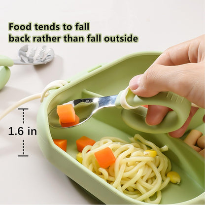 Silicone Tableware for Baby, Silicone Divided Suction Plate for Babies with Built-in Suction Cups, Baby Spoons, Babies Attachable Tethers, Divided Design for Picky Eaters, Baby Led Weaning Supplies