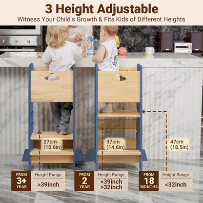 COSYLAND Toddler Standing Tower Adjustable Height - Super Stable Kids Kitchen Stool Helper - 3 Levels Adjustable Wooden Toddler Kitchen Stool (Natural & Navy Blue)