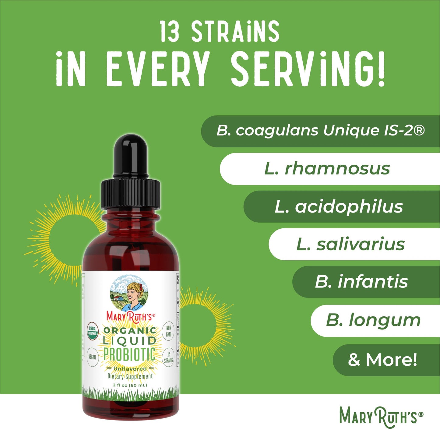 MaryRuth Organics USDA Organic Liquid Probiotic | Digestive Health | Probiotics for Women, Men, Kids | Acidophilus Probiotic | Vegan | Travel Friendly | 20 Servings