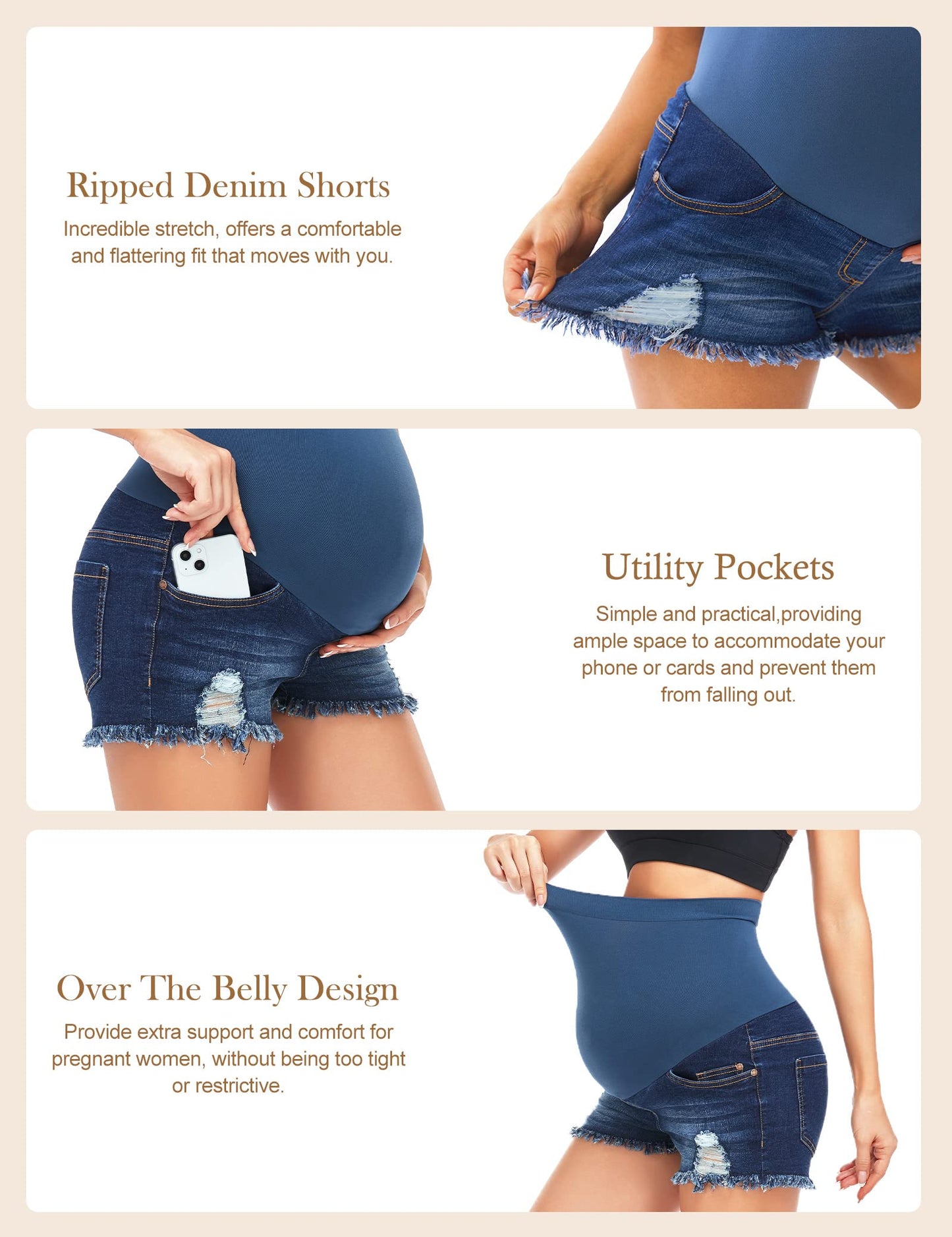 HOFISH Women's Maternity Jeans Shorts Over The Belly Stretchy Comfy Denim Shorts Pants Casual Workout Pregnancy Shorts