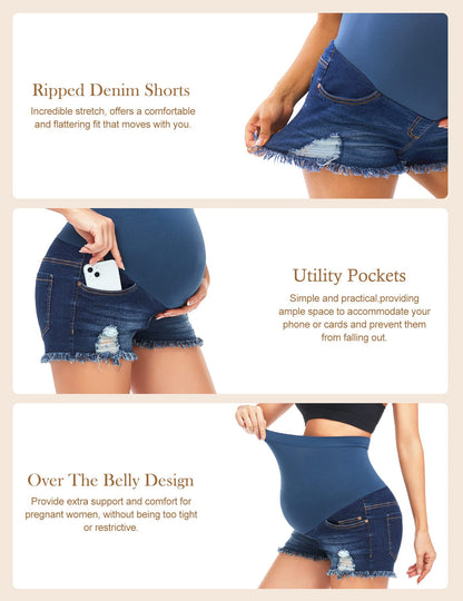 HOFISH Women's Maternity Jeans Shorts Over The Belly Stretchy Comfy Denim Shorts Pants Casual Workout Pregnancy Shorts