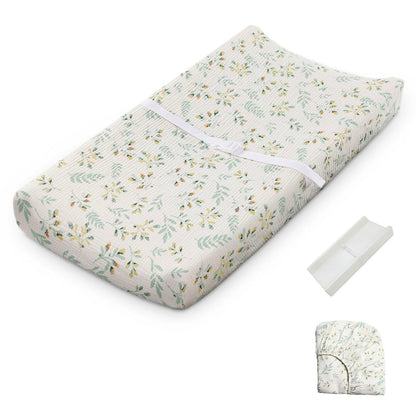Blissful Diary Muslin Baby Changing Pad with Waterproof Lining Foam, Diaper Changing Table Pad with Cover for Dressers (Monstera, Avocado)