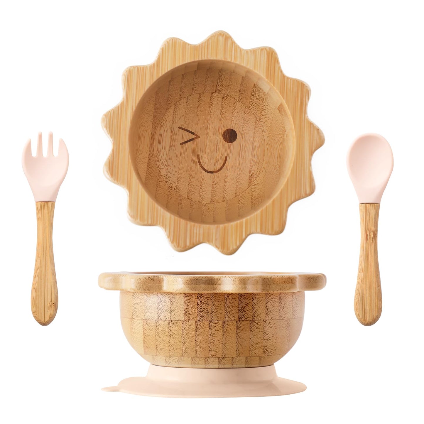 Bamboo Suction Plates Bowls Set for Baby Toddler Divided Platter Food bowl with Silicone Fork & Spoon All-Natural Baby Feeding Set for Baby-Led Weaning, Non-Slip Design