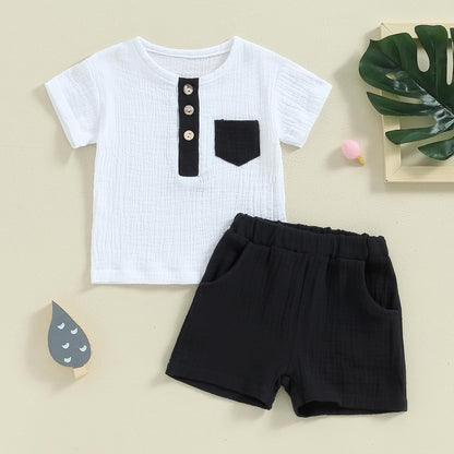 fhutpw Baby Boy Summer Outfits Henley Shirt Soft Pocket Short Sleeve Tops & Shorts Sets Infant 3 6 12 18 Months 2T Clothes