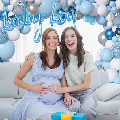 Amandir 137pcs Baby Blue Balloons Baby Shower Decorations for Boy with Baby Boxes, White Blue Balloon Arch Kit Baby Boxes with Letter (A-Z+Baby+Boy) for Boy 1st Birthday Gender Reveal Party Supplies