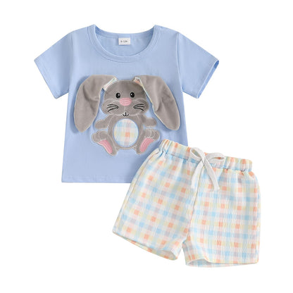 Toddler Baby Boy Summer Outfits Short Sleeve Embroidered T Shirt Tees + Striped/Plaid Shorts Infant Clothes Set