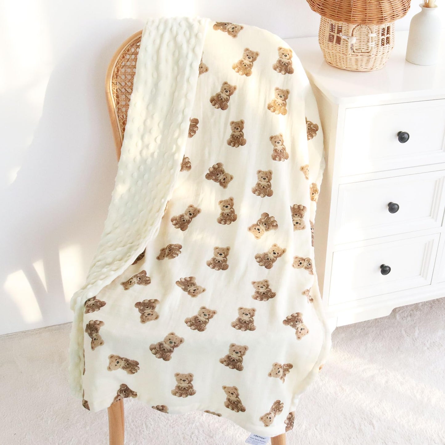 LifeTree Minky Baby Girl & Boy Blankets, Soft Double Layer Swaddle Blankets, Muslin Front and Dotted Fleece Backing Receiving Bed Throw Blanket for Newborn Unisex, 31X40 Inches, Bear Pattern