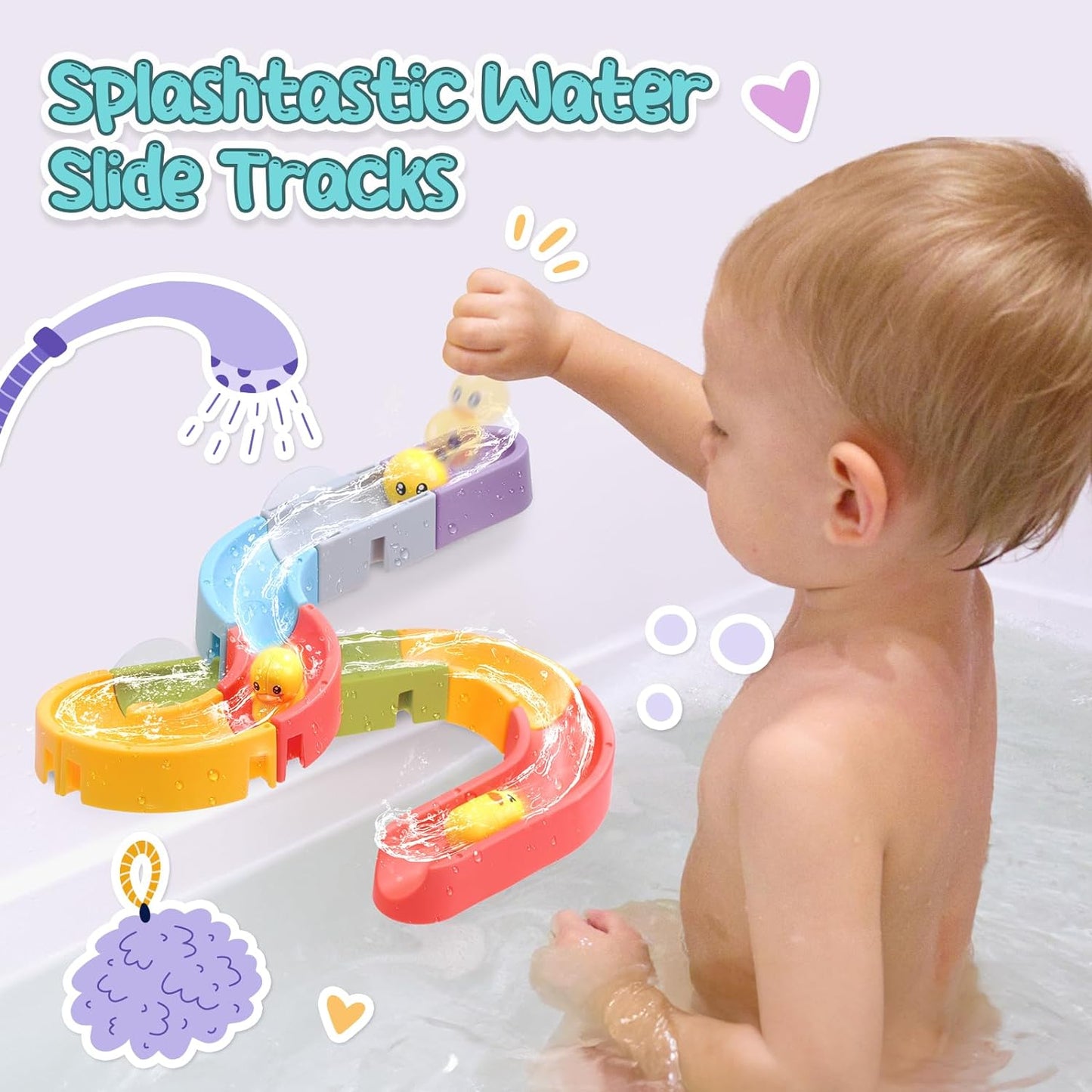 CUTE STONE Baby Bath Toys, Bathtub Toy W/ Water Slide Building Track, No Hole Floating Squirting Toys, Duck Fishing Net Game, Toddler Shower Toys, Water& Pool Toys, Educational Gifts for Boys Girls