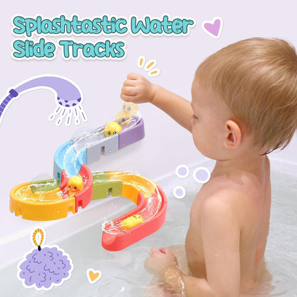 CUTE STONE Baby Bath Toys, Bathtub Toy W/ Water Slide Building Track, No Hole Floating Squirting Toys, Duck Fishing Net Game, Toddler Shower Toys, Water& Pool Toys, Educational Gifts for Boys Girls