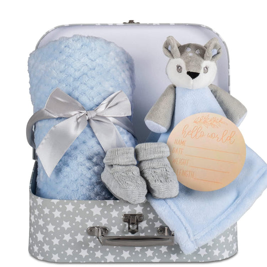 Baby Blue Bunny Security Blanket & Keepsake Box - Soft Fleece, Booties & Gift Basket - Unique Newborn Present