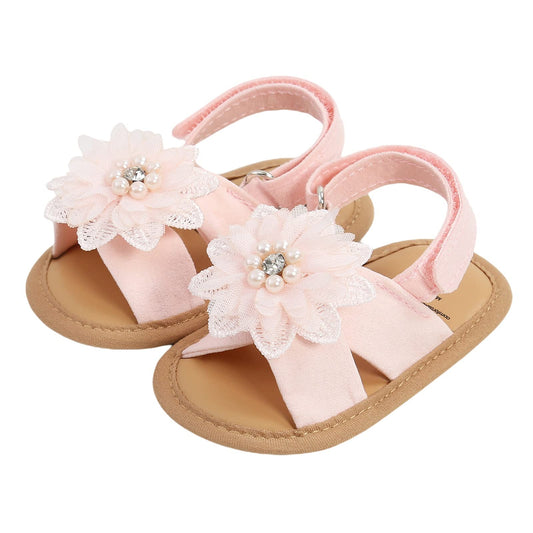 Baby Girls Princess Sandals, Big Rhinestone Flower Open Totes Anti-Skid Soft Sole Walking Shoes, Ankle Stick-On Summer Foot Wear