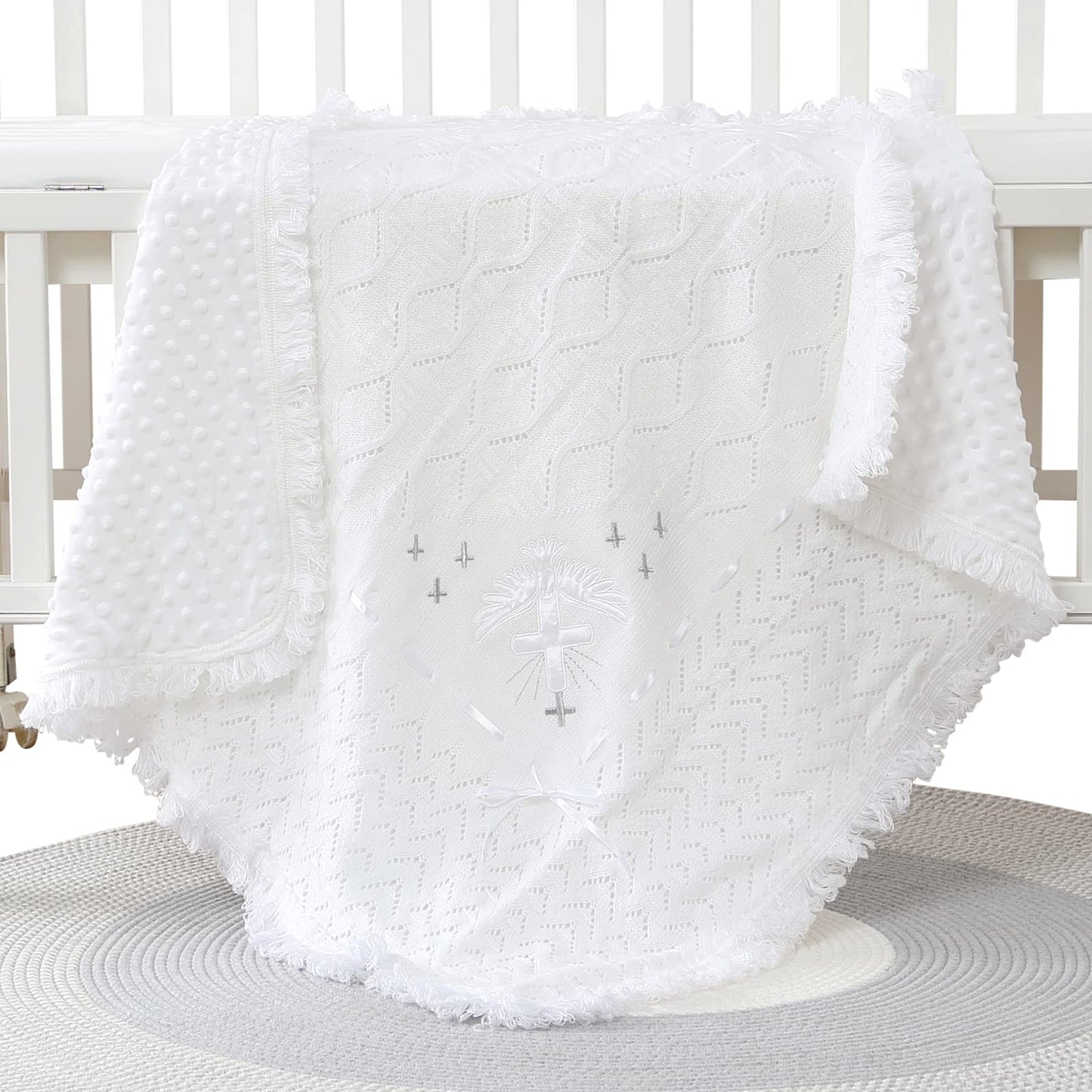 Booulfi Knit White Baby Blankets Neutral,Crib Stroller Newborn Blankets for Boys Girls,Cotton Lace Crochet Winter Blanket Nursery Blanket New Baby Essentials, 38X39