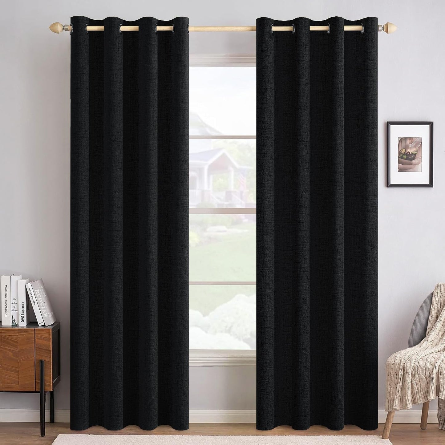 MIULEE 100% Blackout Linen Textured Curtains for Bedroom Solid Thermal Insulated Natural Beige Grommet Room Darkening Curtains & Drapes Luxury Decor for Living Room Nursery 52 x 84 Inch (2 Panels)