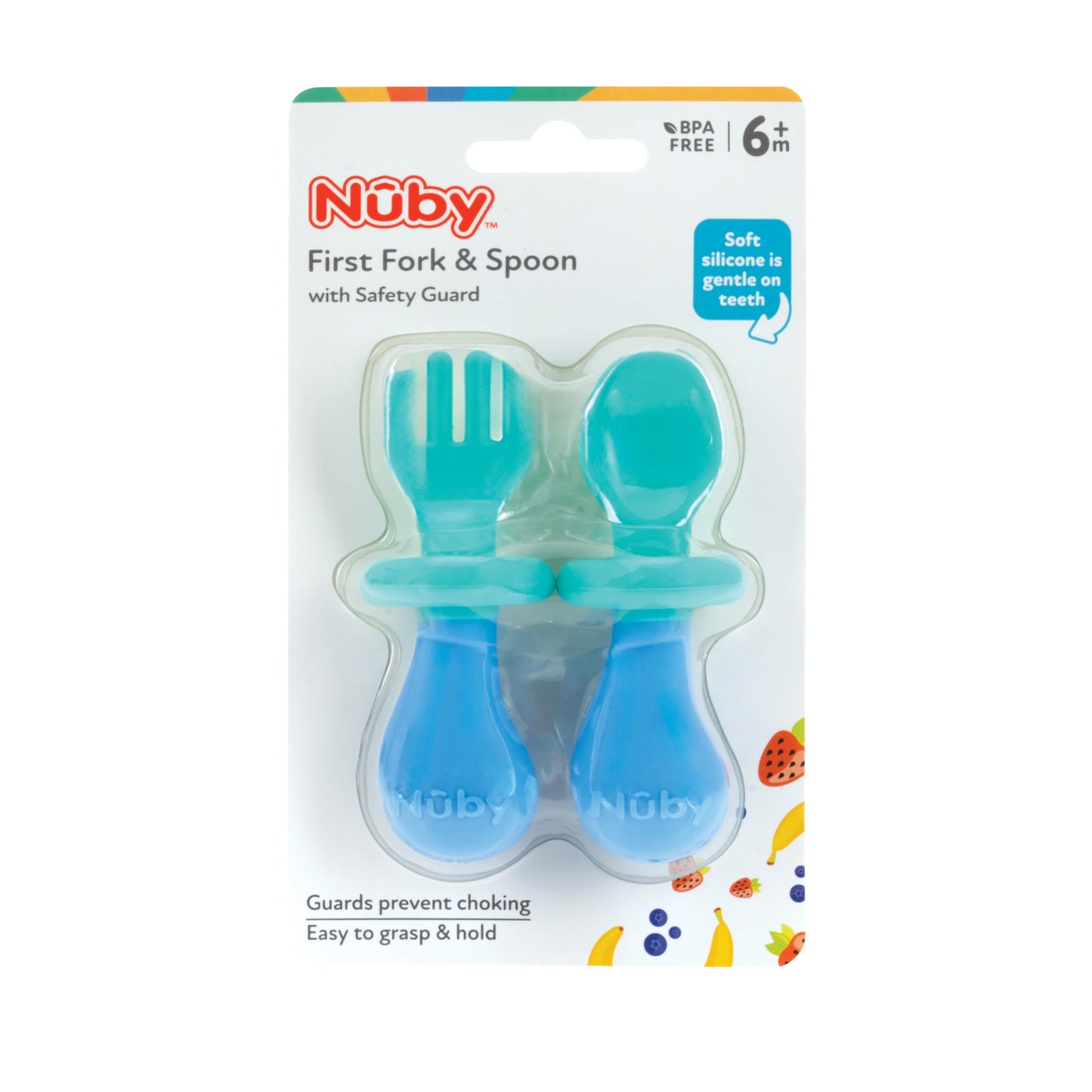 Nuby First Fork and Spoon Set - Utensils with Safety Guards for Babies 6+ Months - Green and Blue