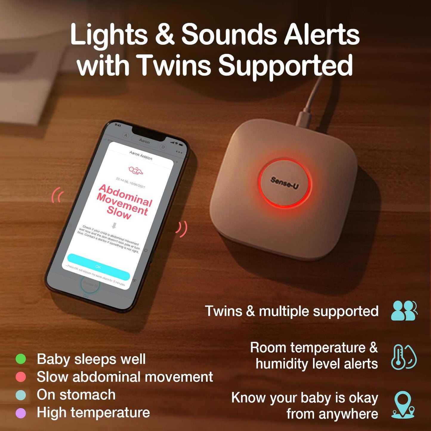 Sense-U Pro Baby Movement Monitor with Arousal Vibration, Movement/Rollover/Overheating Alerts, Audible & App Notifications, Easy Clip-On Design, Smart Sleep Monitor, FSA/HSA Eligible