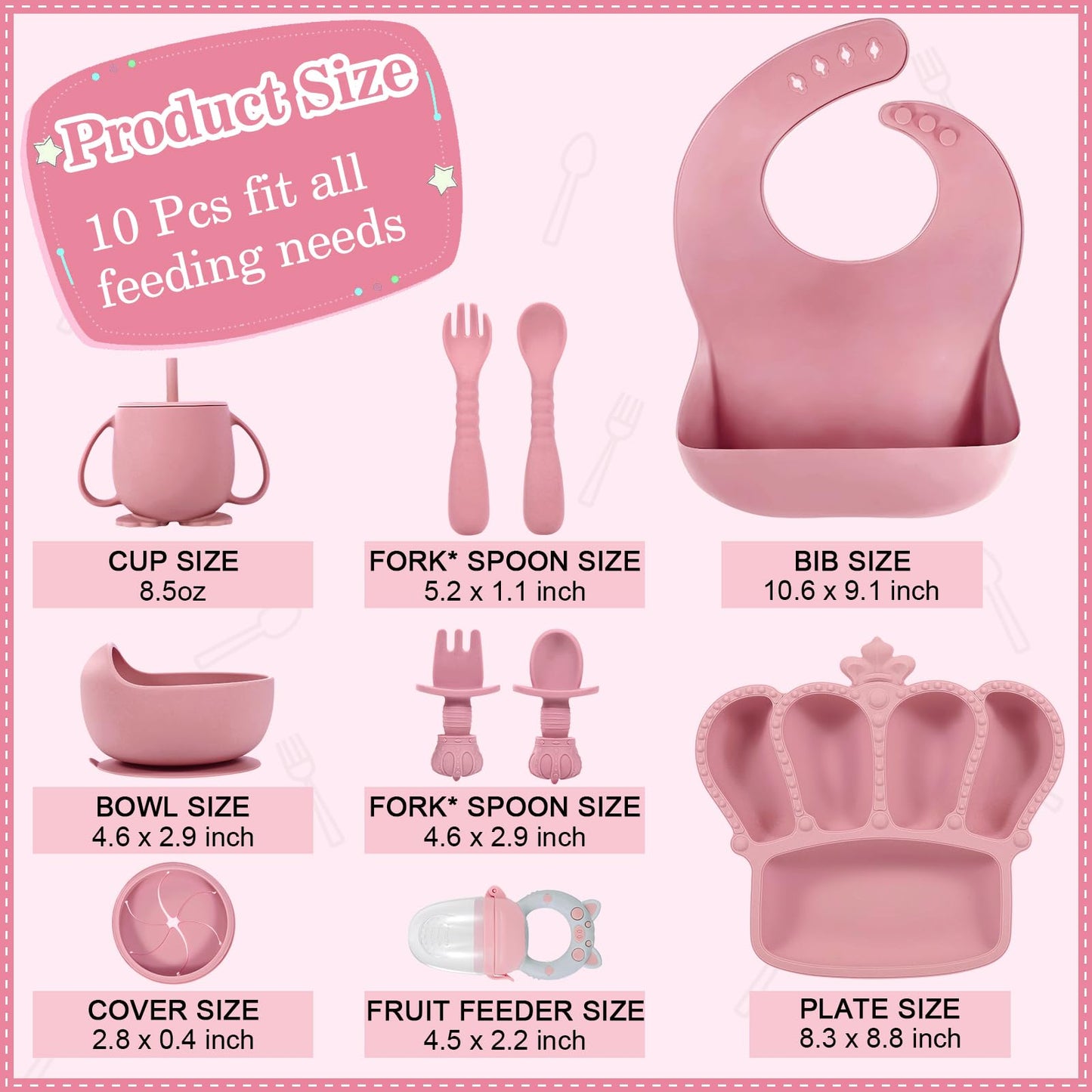 Silicone Baby Feeding Set 10 Pcs Baby Led Weaning Supplies Suction Bowl Divided Plate Baby Bibs Fruit Feeder Baby Spoons Forks Sippy Cup Toddler Utensil Sets Baby Essentials for Newborn Gift