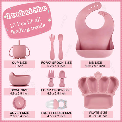 Silicone Baby Feeding Set 10 Pcs Baby Led Weaning Supplies Suction Bowl Divided Plate Baby Bibs Fruit Feeder Baby Spoons Forks Sippy Cup Toddler Utensil Sets Baby Essentials for Newborn Gift