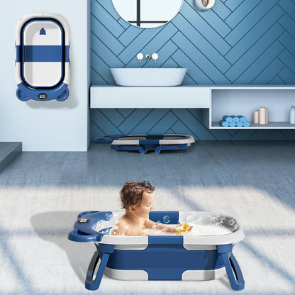 MoreFeel Collapsible Baby Bathtub for Newborn with Thermometer & 1 Hooded Towel & 1 Soft Floating Cushion,Portable Travel Bathtub with Drain Hole, Durable Foldable Baby Tubs for Infants to Toddler
