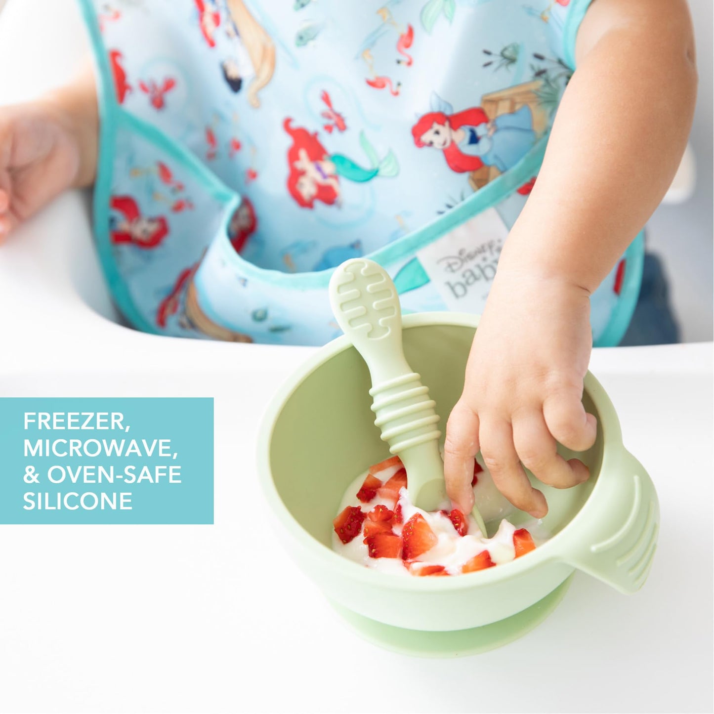 Bumkins Baby Bowls, Disney Minnie Mouse Silicone Baby Feeding Set, Suction Bowls for Baby and Toddler with Spoon, First Feeding Set, Platinum Silicone Bowl for Babies 4 Months