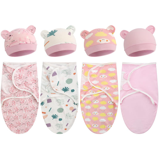 Buryeah 4 Pack Preemie Swaddle Blanket Wrap Set with Hat for Baby Boys Girls 3-7 Lbs Preemie Newborn Clothes Sleepers Cap