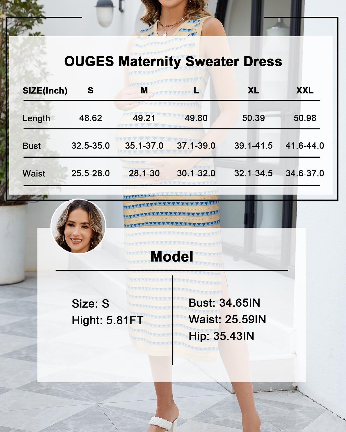 OUGES Women's 2025 Summer Maternity Dress Knit Sleeveless Crewneck Midi Dress Side Slit Striped Bodycon Sweater Dress