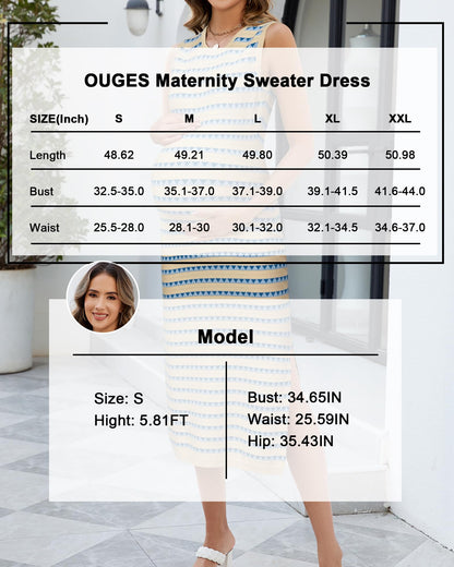 OUGES Women's 2025 Summer Maternity Dress Knit Sleeveless Crewneck Midi Dress Side Slit Striped Bodycon Sweater Dress