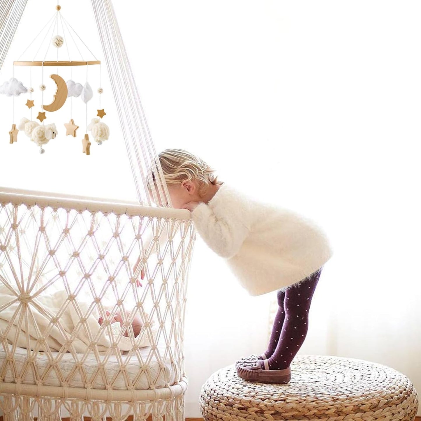 Wooden Crib Mobile Arm | Baby Crib Mobile Arm Wooden Holder | Rotatable Adjustable Anti Slip Attachment Clamp for Sturdy Mobile Hanger (Curved Arm)