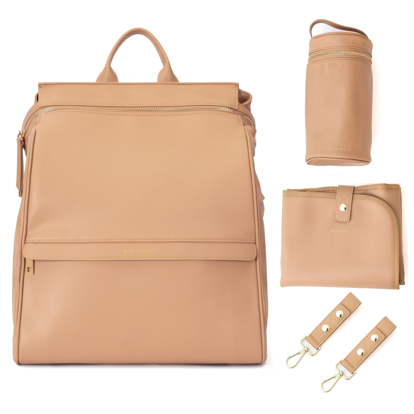 Leather Diaper Bag Backpack with USB Charging port, Changing Pad, Stroller Straps, and Bottle Holder (Brown Olivia)