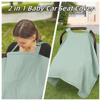 2 in 1 Muslin Infant Car Seat Cover, Multi-Purpose Breastfeeding Covers for Nursing, Breathable Carseat Cover for Baby Girls, Green