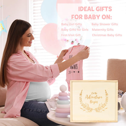 Baby Gift Set for Newborn, Baby Shower Gifts, Wooden Baby Gift Basket Essentials Includes Infant Swaddle Blanket Onesies Rattle Toy Hair Bursh, New Born Baby Christmas Gifts for Girls Boys