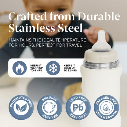 Jili All-in-One Baby Bottle, Insulated Stainless Steel Bottle with Formula Container, Anti-Colic Nipple, and Leak-Proof Lid, Baby Essentials for Travel, BPA and Phthalates-Free, Almond, 11 oz.
