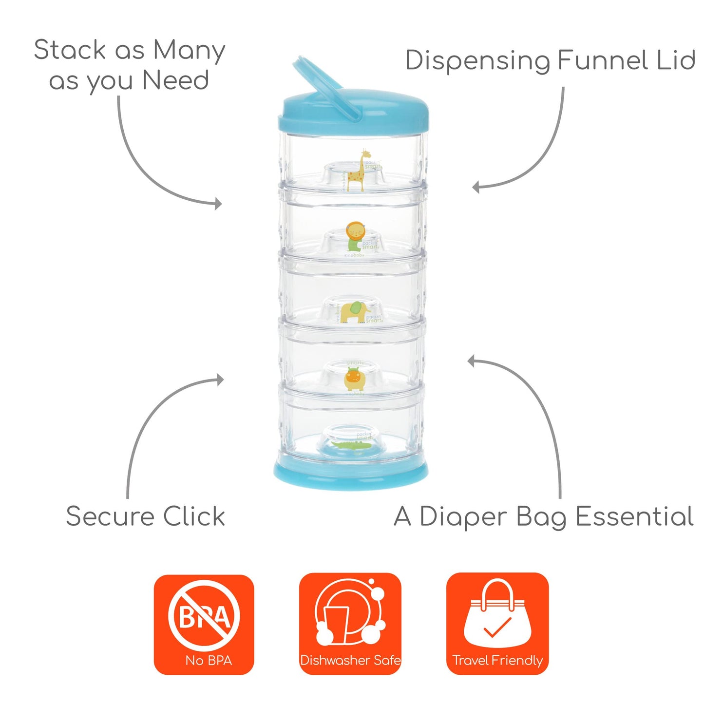 Innobaby Packin' Smart Stackable and Portable Storage System for Formula, Baby Snacks and More. 5 Stackable Cups in Lime Sorbet. BPA Free.
