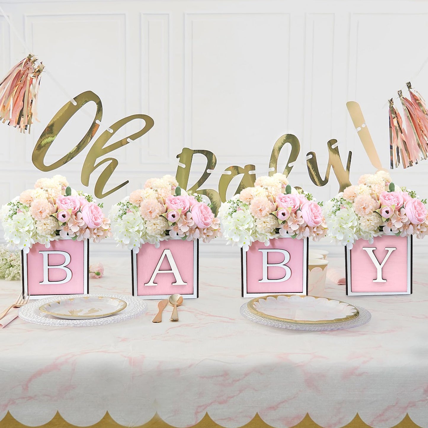 4 Set Baby Shower Centerpieces for Tables - 6 inch Wooden Boxes with Baby Letters Rustic Cube Planter Wood Blocks for Boy Girl Gender Reveal Party Favor (Blue)