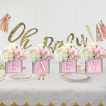 4 Set Baby Shower Centerpieces for Tables - 6 inch Wooden Boxes with Baby Letters Rustic Cube Planter Wood Blocks for Boy Girl Gender Reveal Party Favor (Blue)