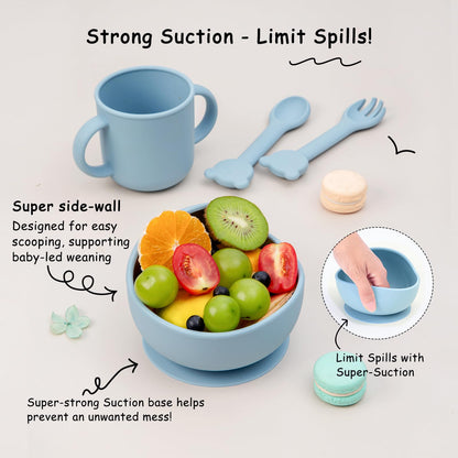 Baby Feeding Set, 13PCS Silicone Baby Self Feeding Set, Toddler Led Weaning Utensils Set with Suction Bowl and Plate, 3 Set of Baby Spoon and Fork, Adjustable Bid, Sippy Cup with Straw and 2 Lids