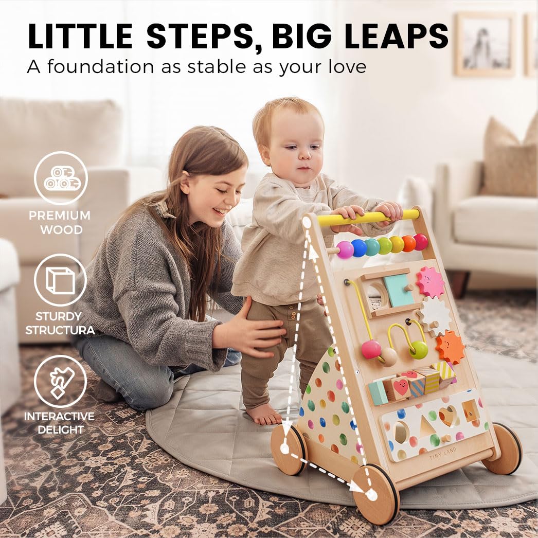 Tiny Land Wooden Baby Walker, Baby Push Walker, Montessori Walker Toy, Adjustable Speed Baby Walker for Boys and Girls, Baby Activity Center, Push Toys for Kids Development
