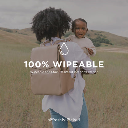 Freshly Picked Classic II Diaper Bag Backpack, Wipeable Vegan Leather With Changing Pad (Sage Green V2)