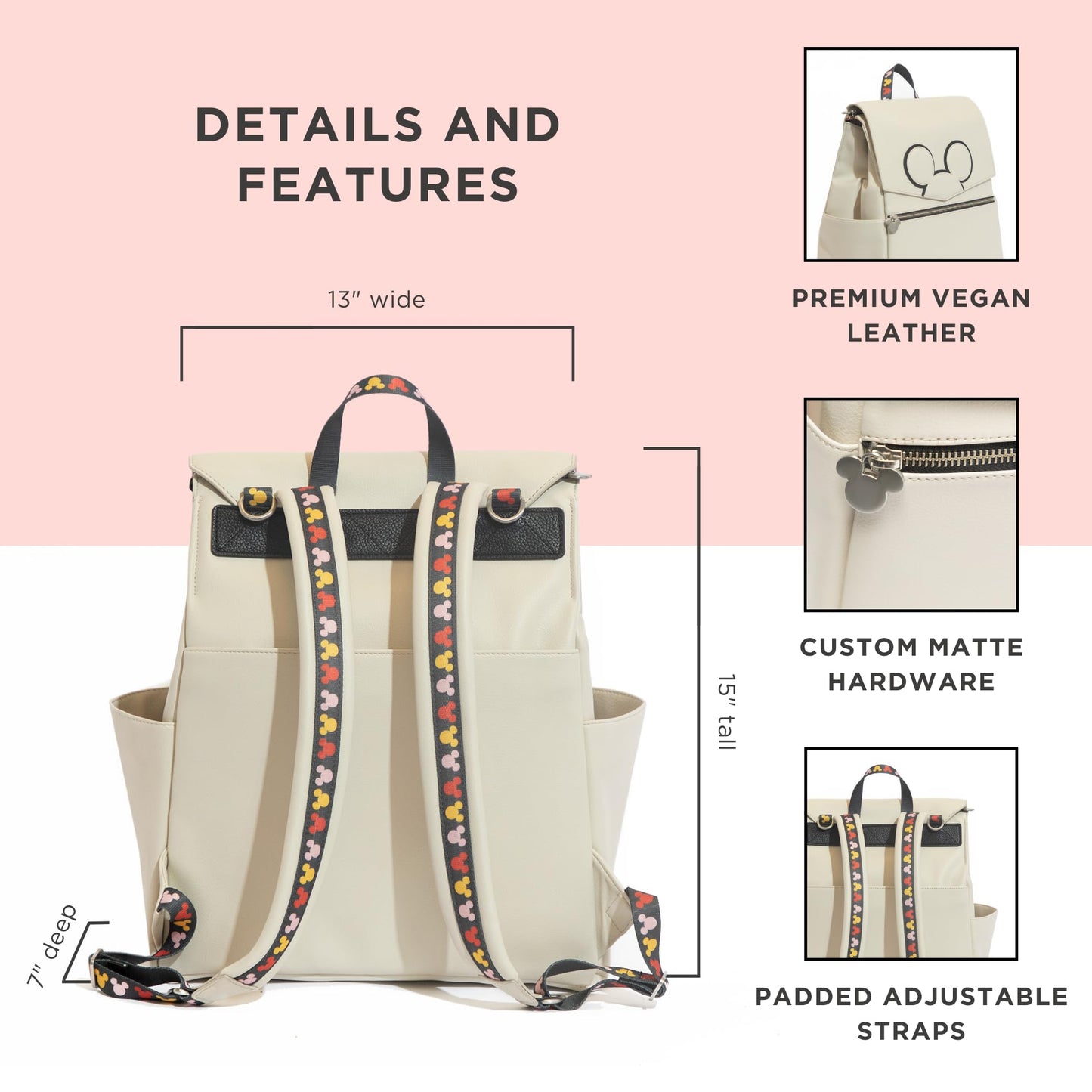 Freshly Picked Classic II Diaper Bag Backpack, Wipeable Vegan Leather With Changing Pad (Minnie Lots of Dots)