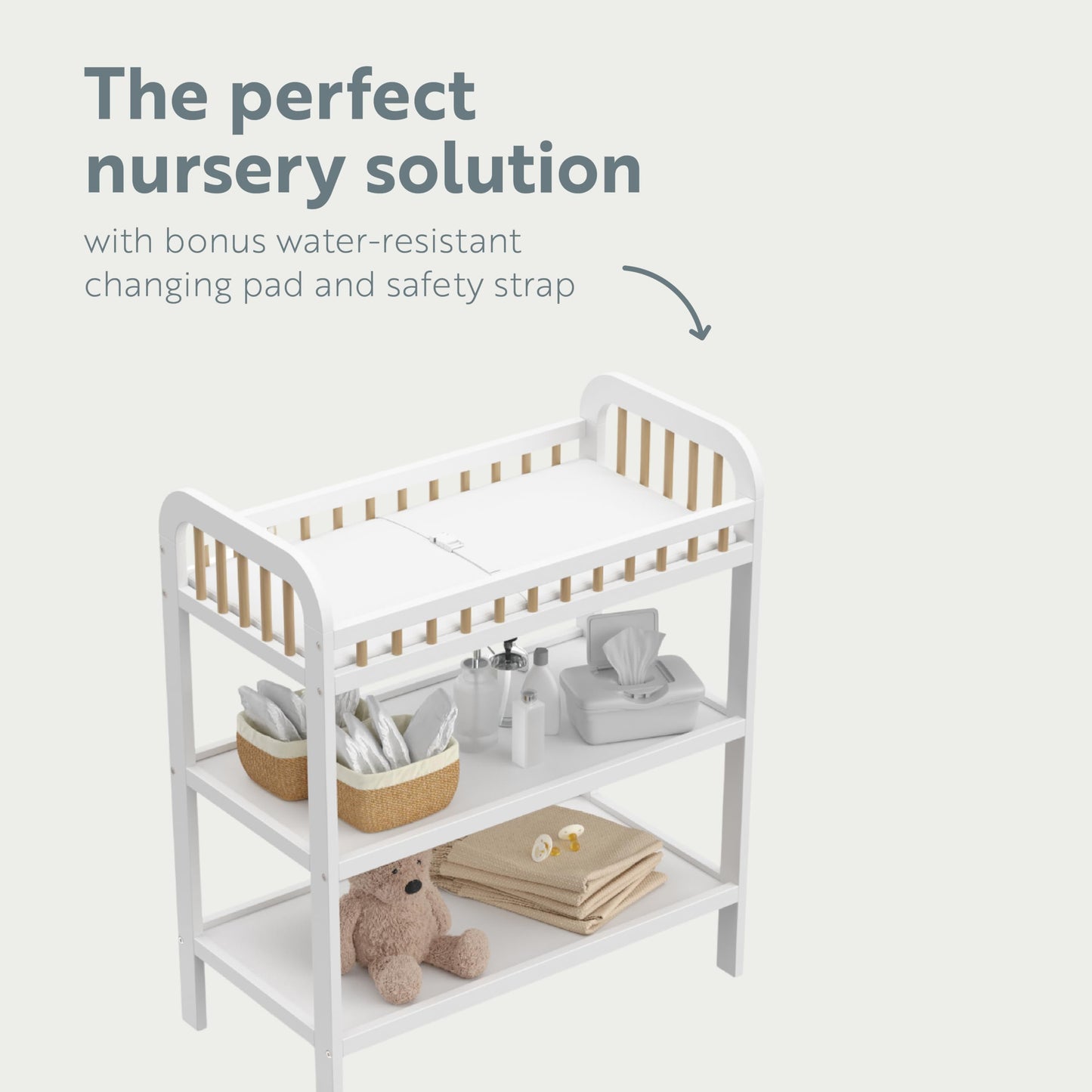 Storkcraft Pasadena Changing Table with Water-Resistant Changing Pad (Driftwood) - GREENGUARD Gold Certified, Includes Bonus Water-Resistant Changing Pad with Safety Strap, 2 Open Shelves