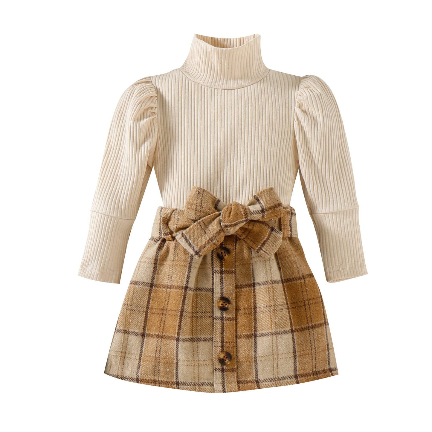 Noubeau Toddler Baby Girls Plaid Outfits Knit Ribbed Sweatshirt Shirt Tops Red Plaid Belt Skirt Fall Winter Clothes