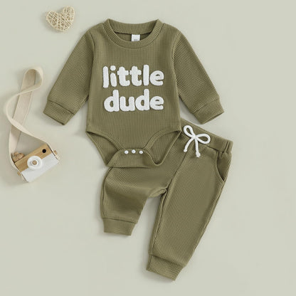 Douhoow Baby Boy Clothes Letters Embroidered Baby Sweatshirt Romper Waffle Pants Set Infant Boy Fall Winter Outfits