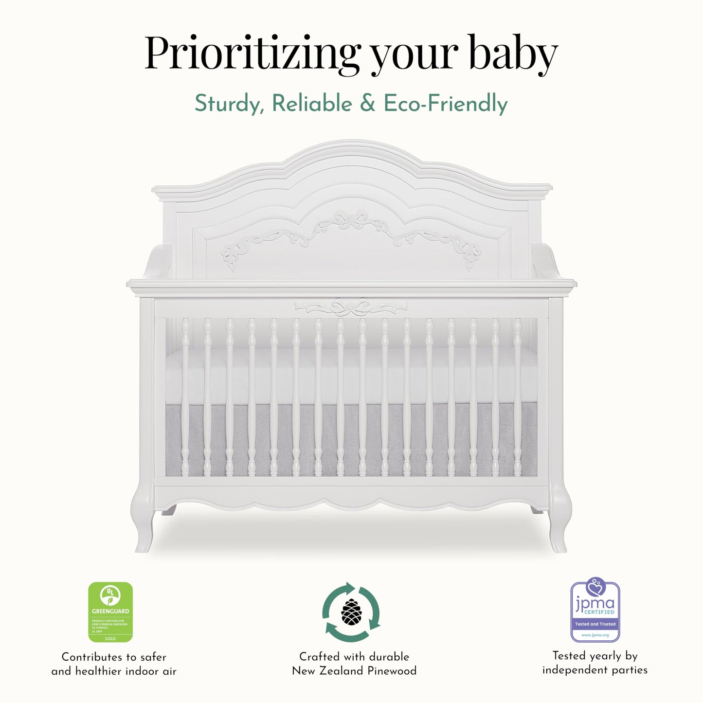 Evolur Aurora 5-in-1 Convertible Crib in Ivory Lace, Greenguard Gold Certified, Features 3 Mattress Height Settings, Sturdy and Spacious Baby Crib, Wooden Furniture