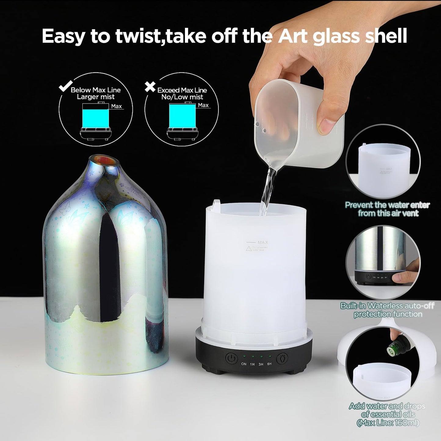 Essential Oil Diffuser Hand Blown Glass Aromatherapy Diffuser - Ultrasonic Cool Mist Scent Aroma Diffuser, Whisper Quiet with Auto Shut-Off, Timer Setting &7 Colors Night Light for Home