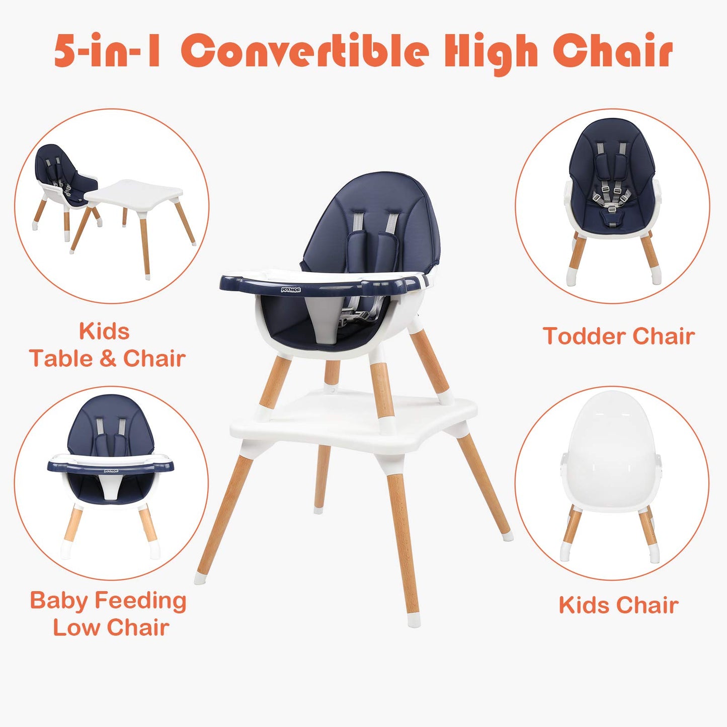 JOYMOR 5-in-1 Convertible Baby High Chair for Babies and Toddlers, Table and Chair Set, Wooden Infant Eating Highchair with Leather Seat Cushion, 4-Position Removeable & Adjustable Tray (Biege)